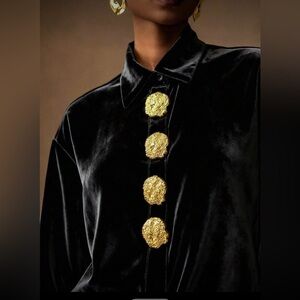 Black Velvet Top Designer Gold Buttons | M | Long Sleeve | Button Down | New